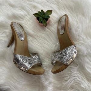 Guess Silver Sparkle Women's Heels - Wooden heels